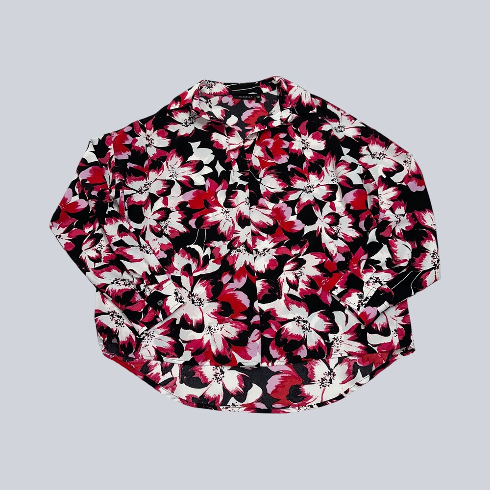 Rafaella Women’s Floral Pullover Blouse Size L Pink Black White Long Sleeve
